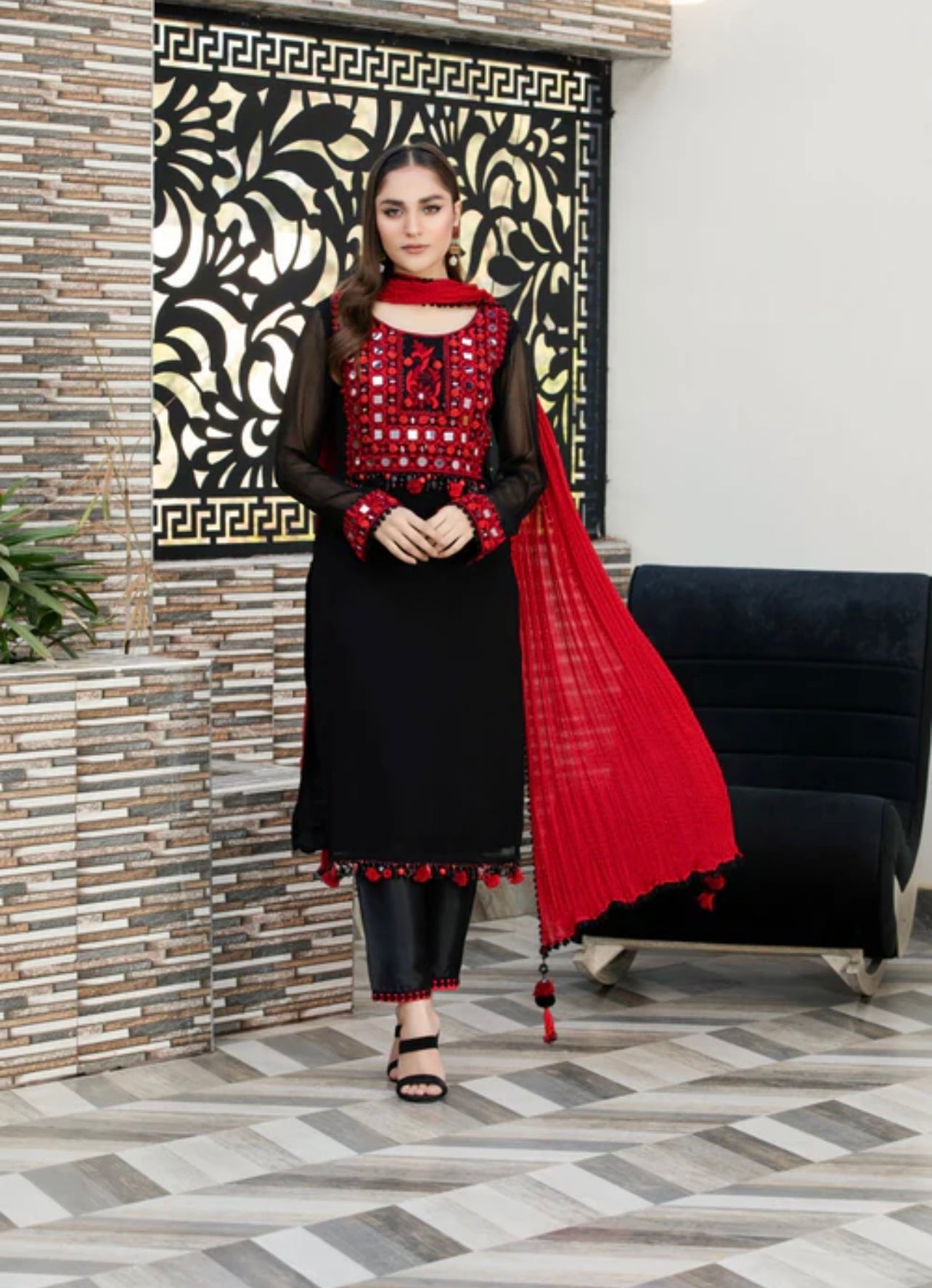 Black heavy mirror work kurta set