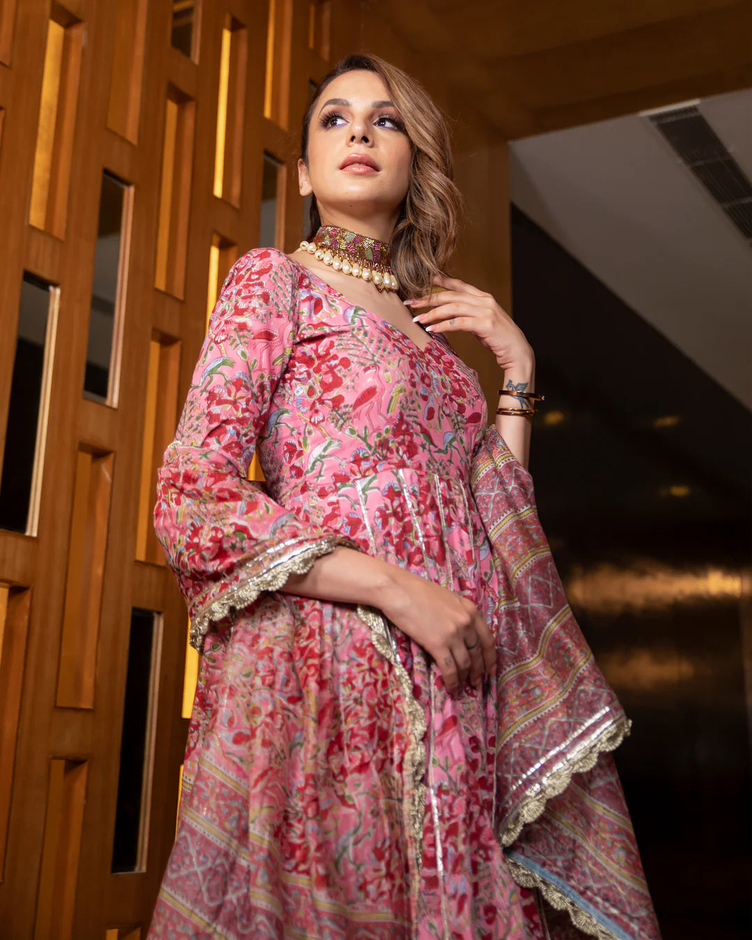 Plus size pink floral anarkali kurta set
