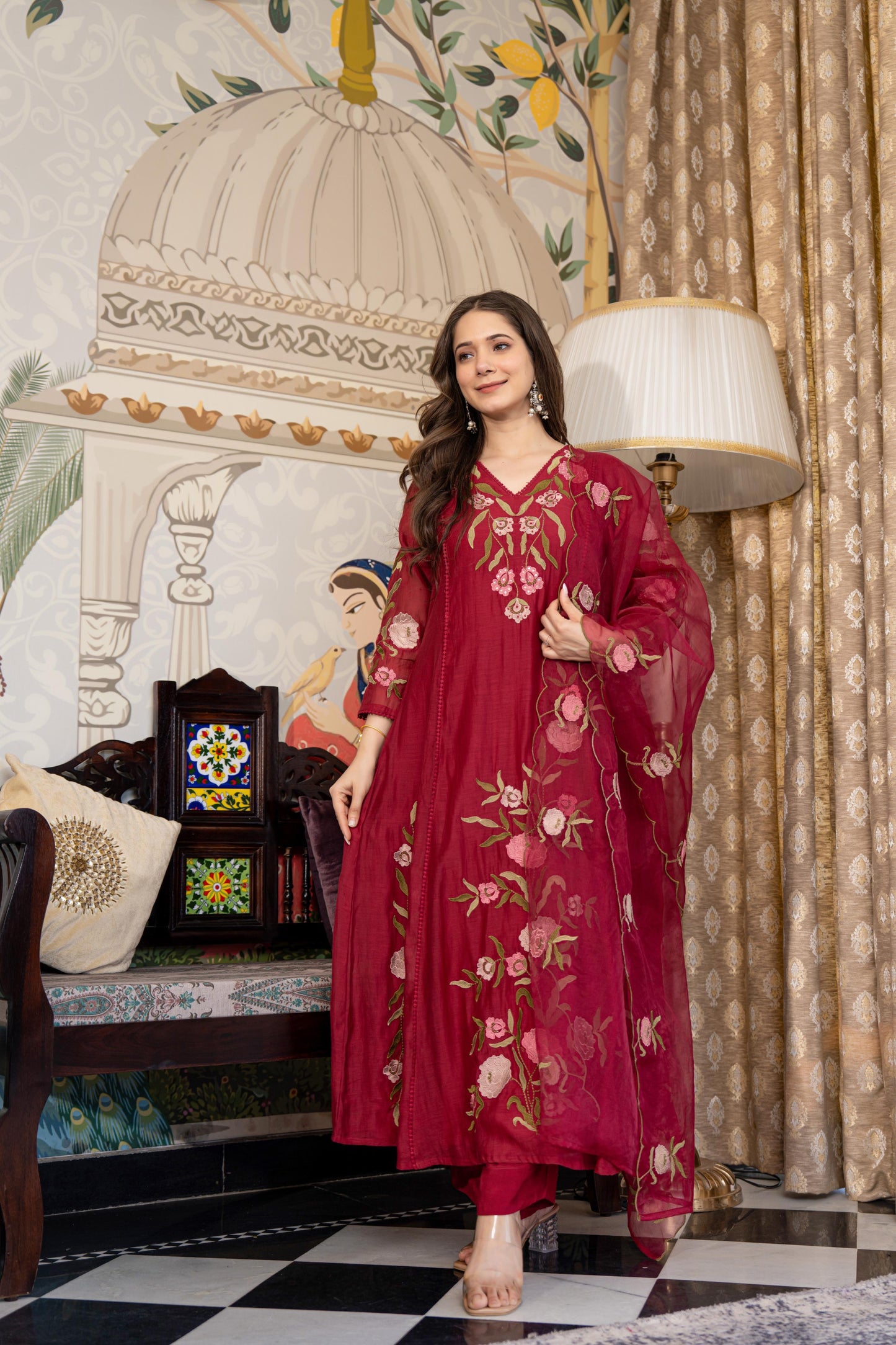 Wine pure mul chanderi stylish A line suit
