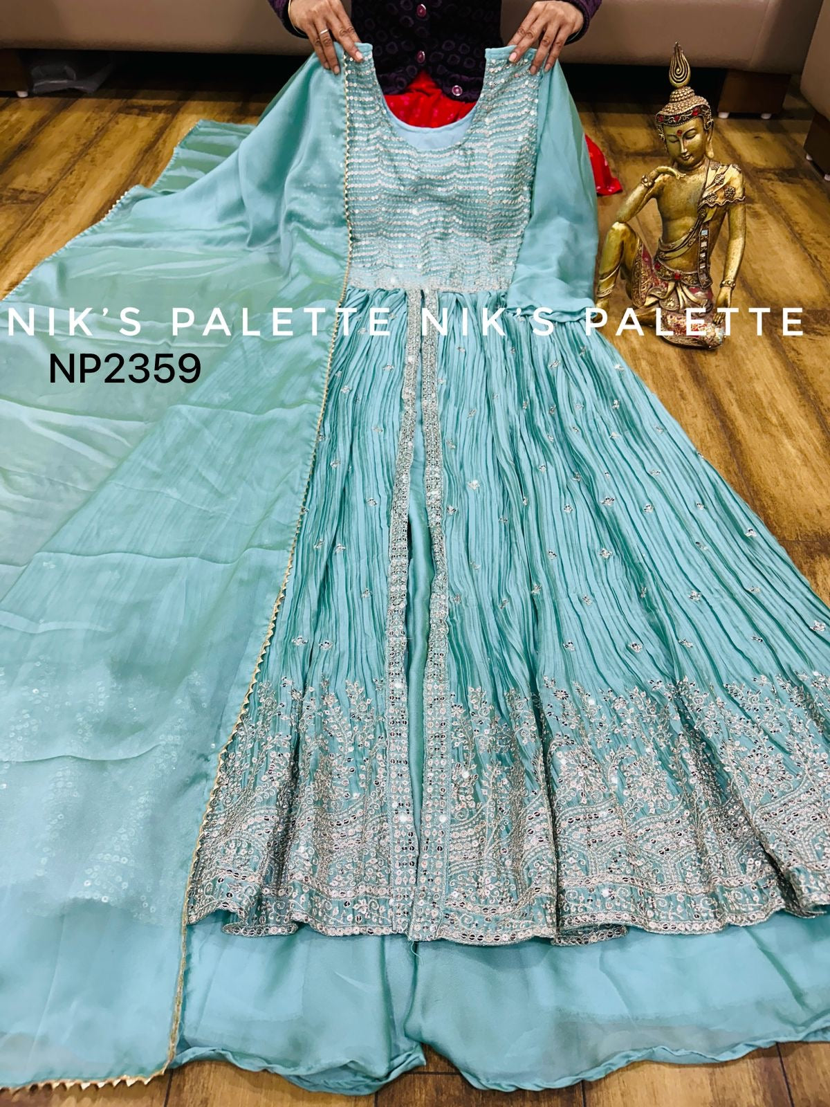 Plus size Aqua blue Anarkali front slit kurta set