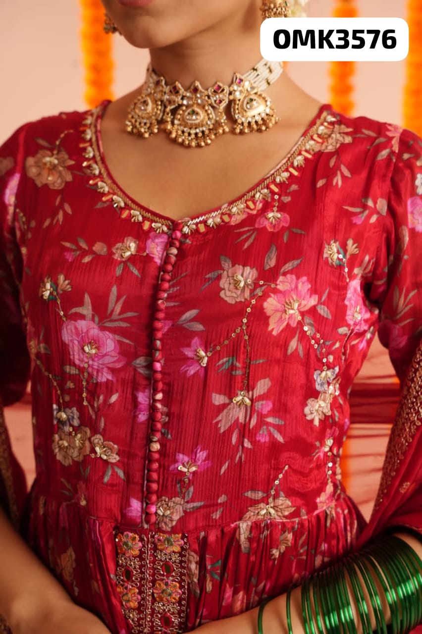 Hot pink pure chinnon front slit anarkali kurta set