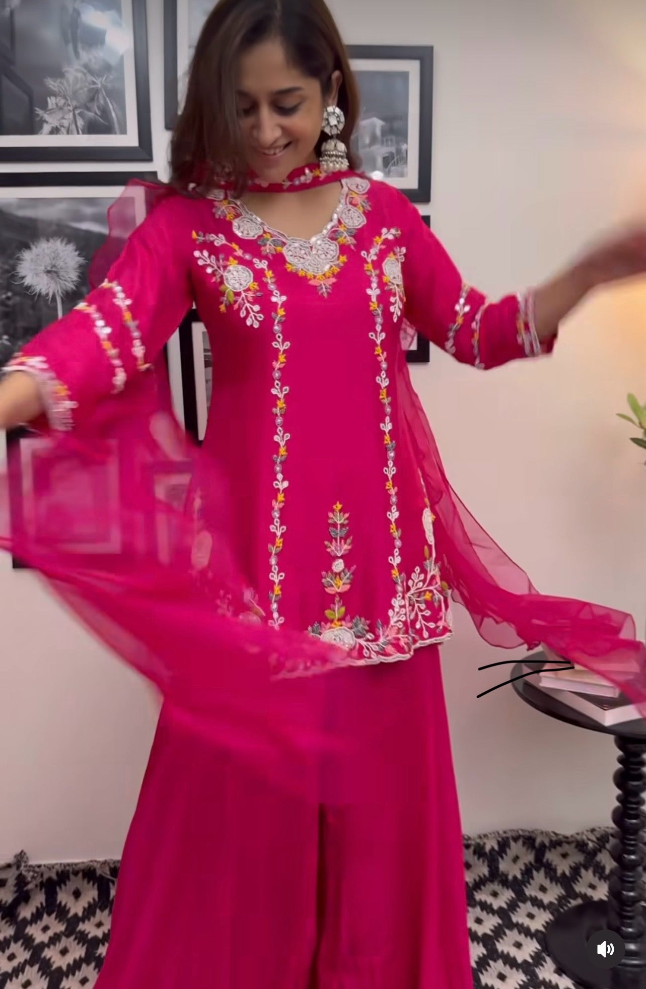 Hot pink stunning shaarara set with handwork and ruffle dupatta
