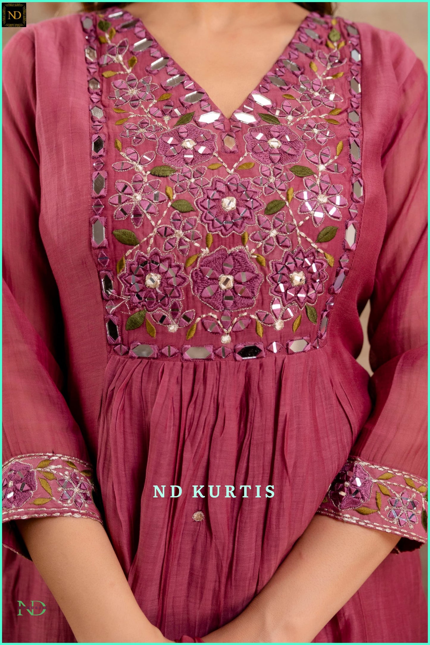 Maroon real mirror work mul chanderi kurta set
