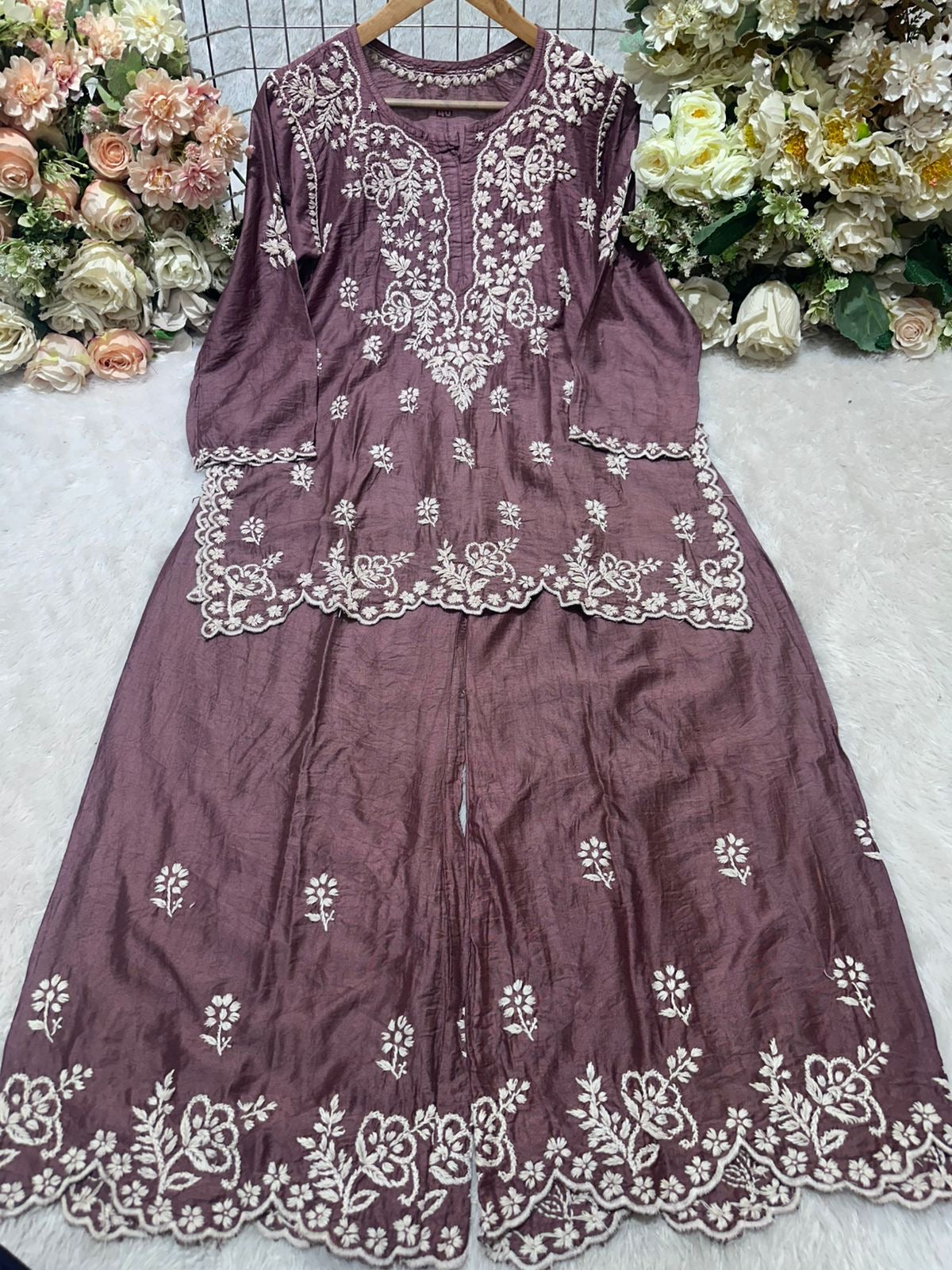 Elegant chikankari premium chanderi short top palazzo set