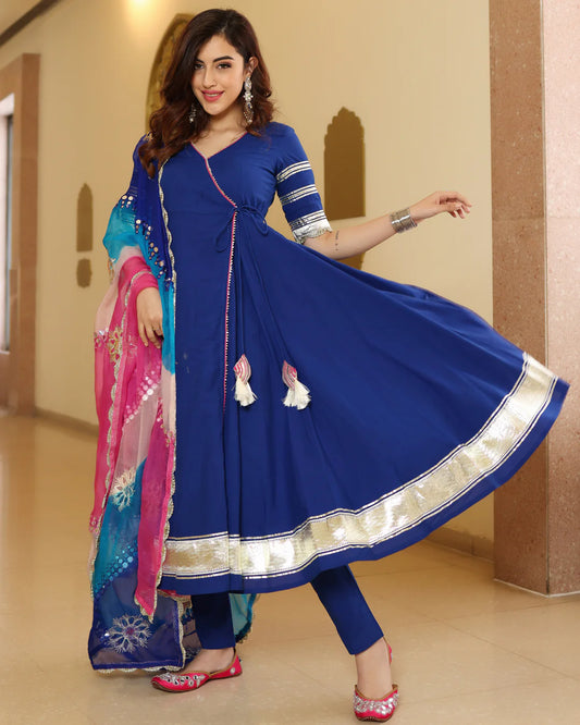 Plus size Blue solid anarkali suit with beautiful dupatta