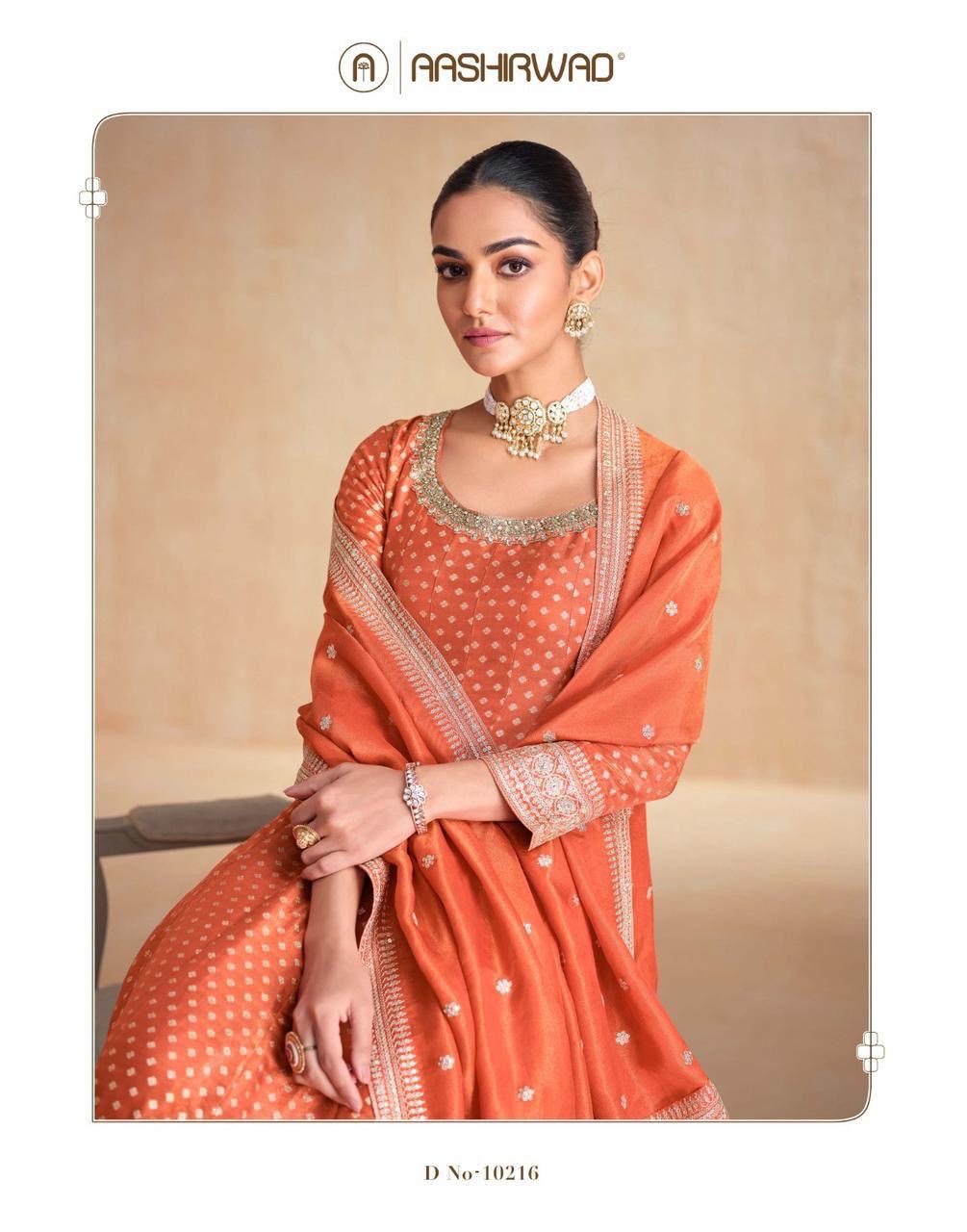 Orange banarasi jacquard long anakali gown set