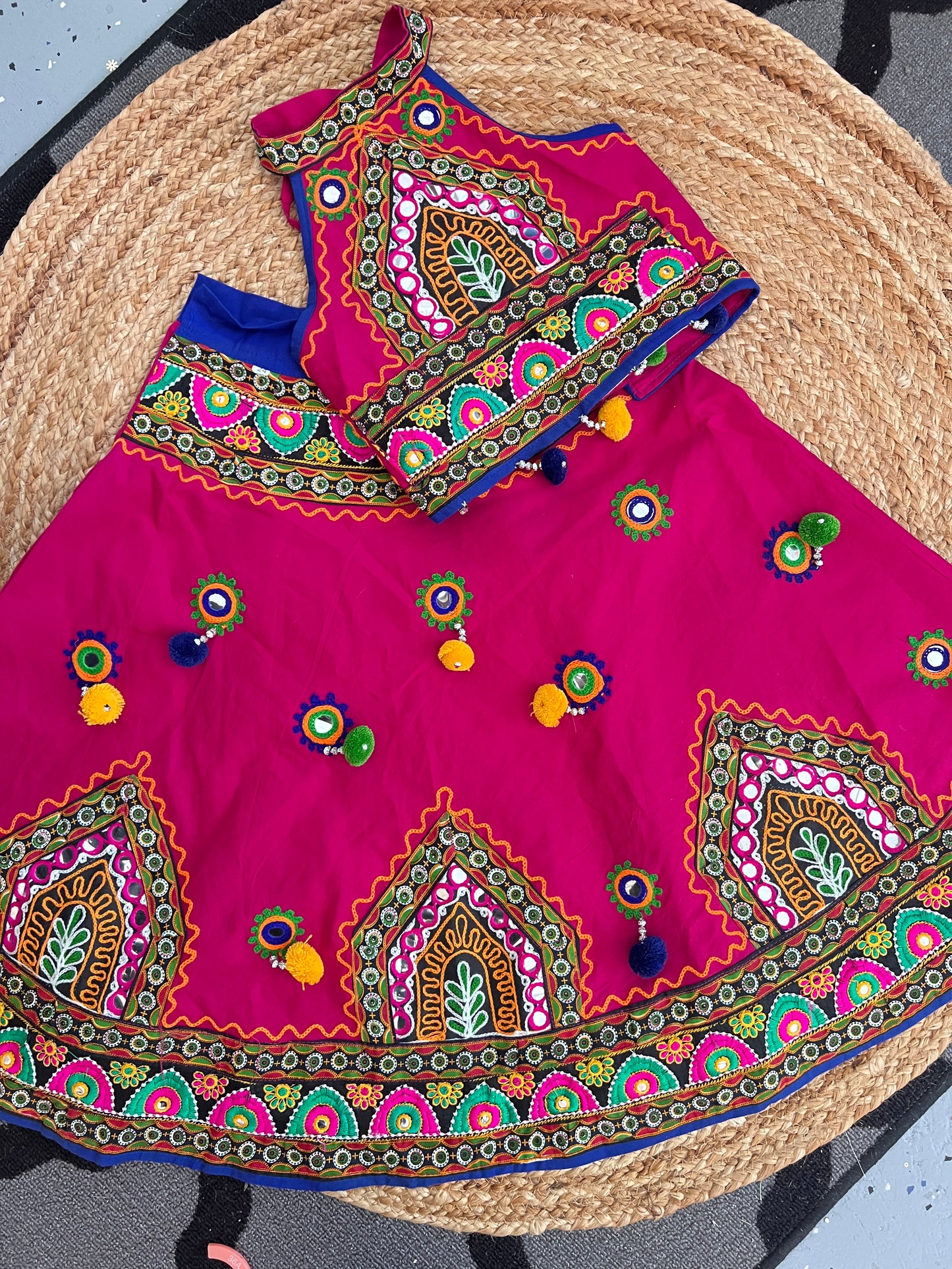 Girls Pink mirror work halter neck chaniya choli lehenga