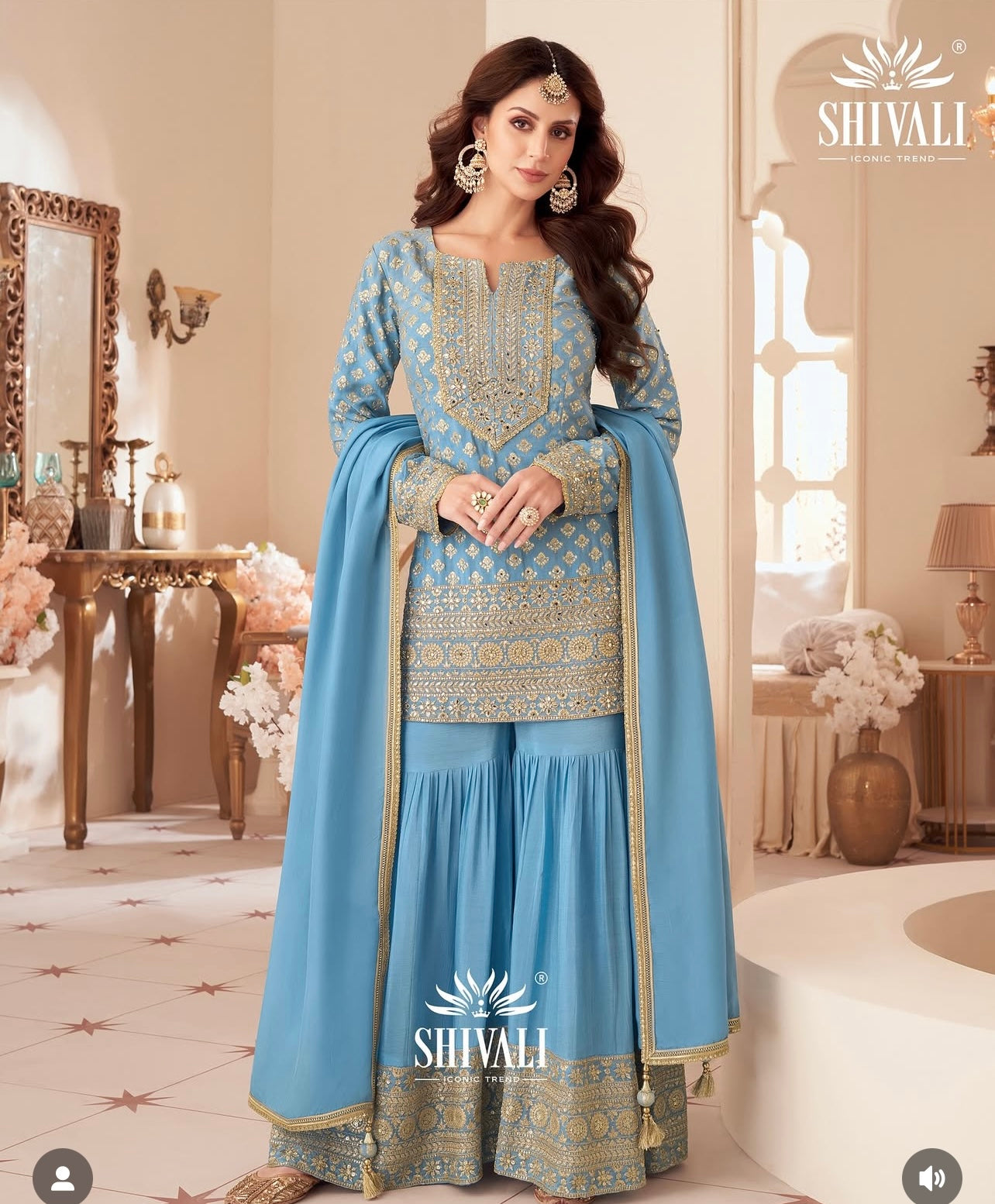 Aqua blue stunning heavy work partywear sharara suit