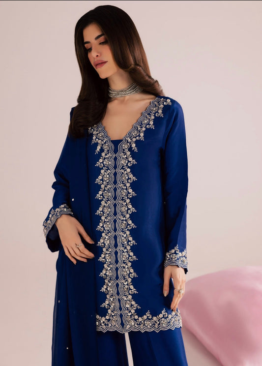 Blue designer handwork short top palazzo set