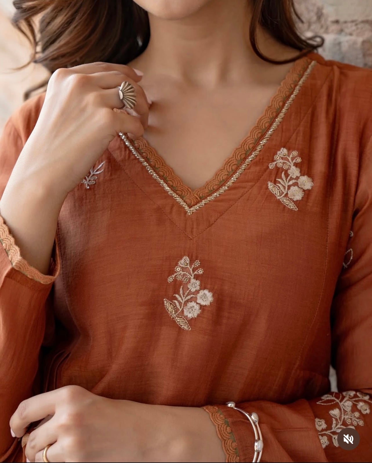 Rust pure mul chanderi embroidered suit