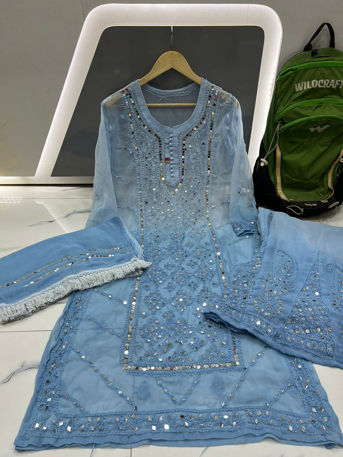 Light Blue Lucknowi Ombre Mirror Kurta set