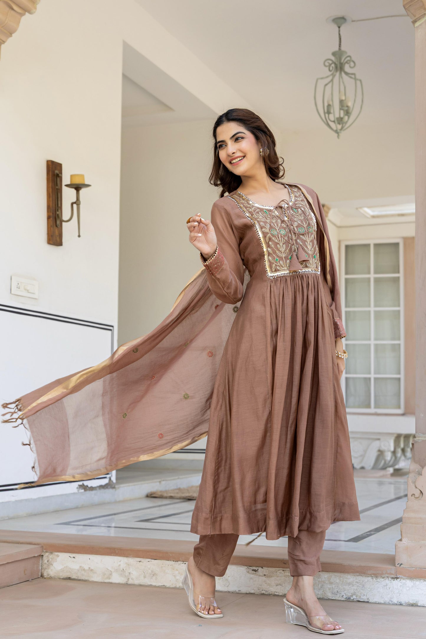 Beige pure mul chanderi heavy handwork yoke suit