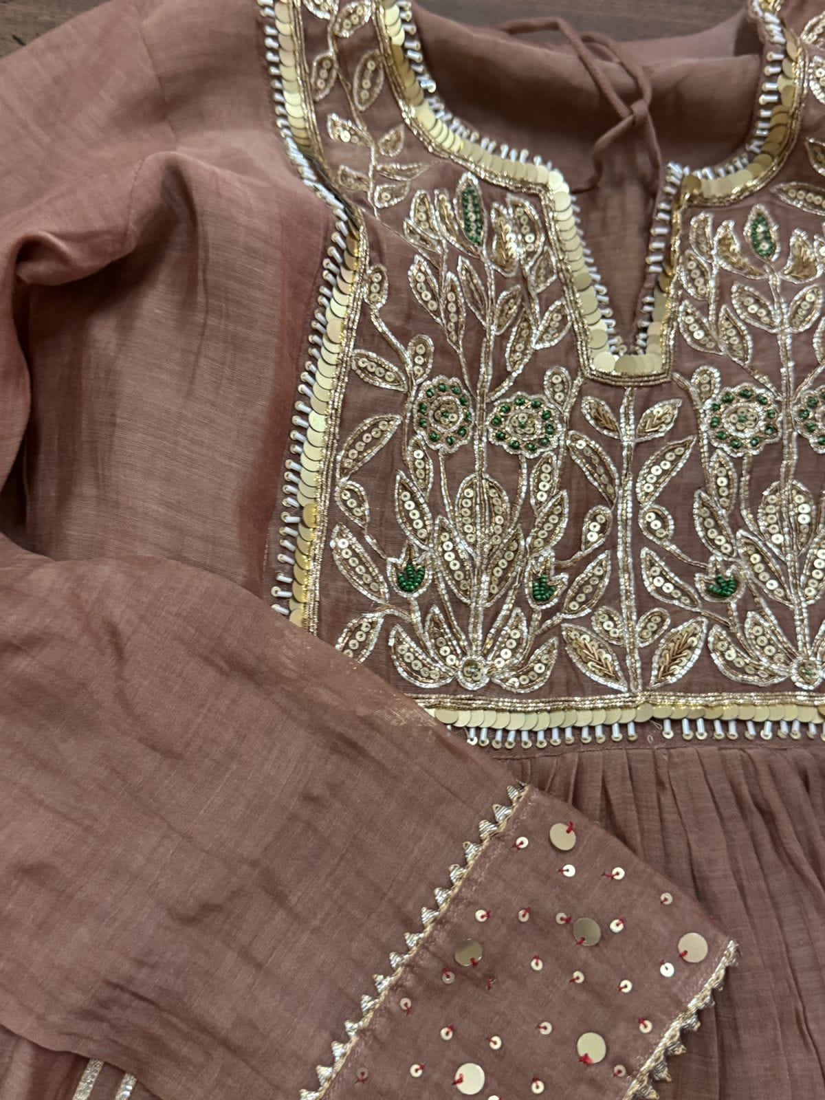 Beige pure mul chanderi heavy handwork yoke suit
