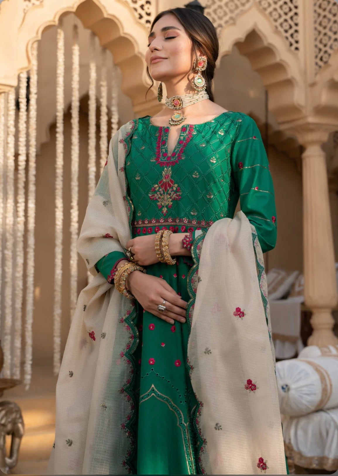 Bottle green flared anarkali kurta set