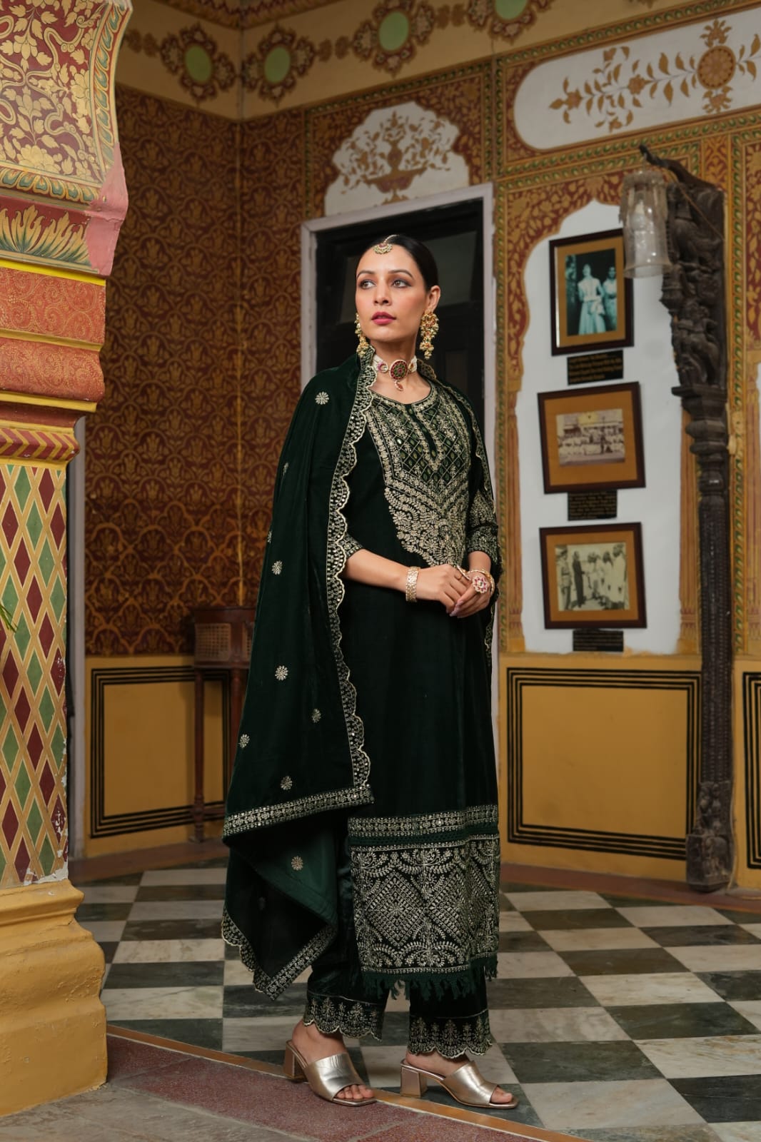 Green heavy embroidery sequence and mirror yoke velvet kurta set