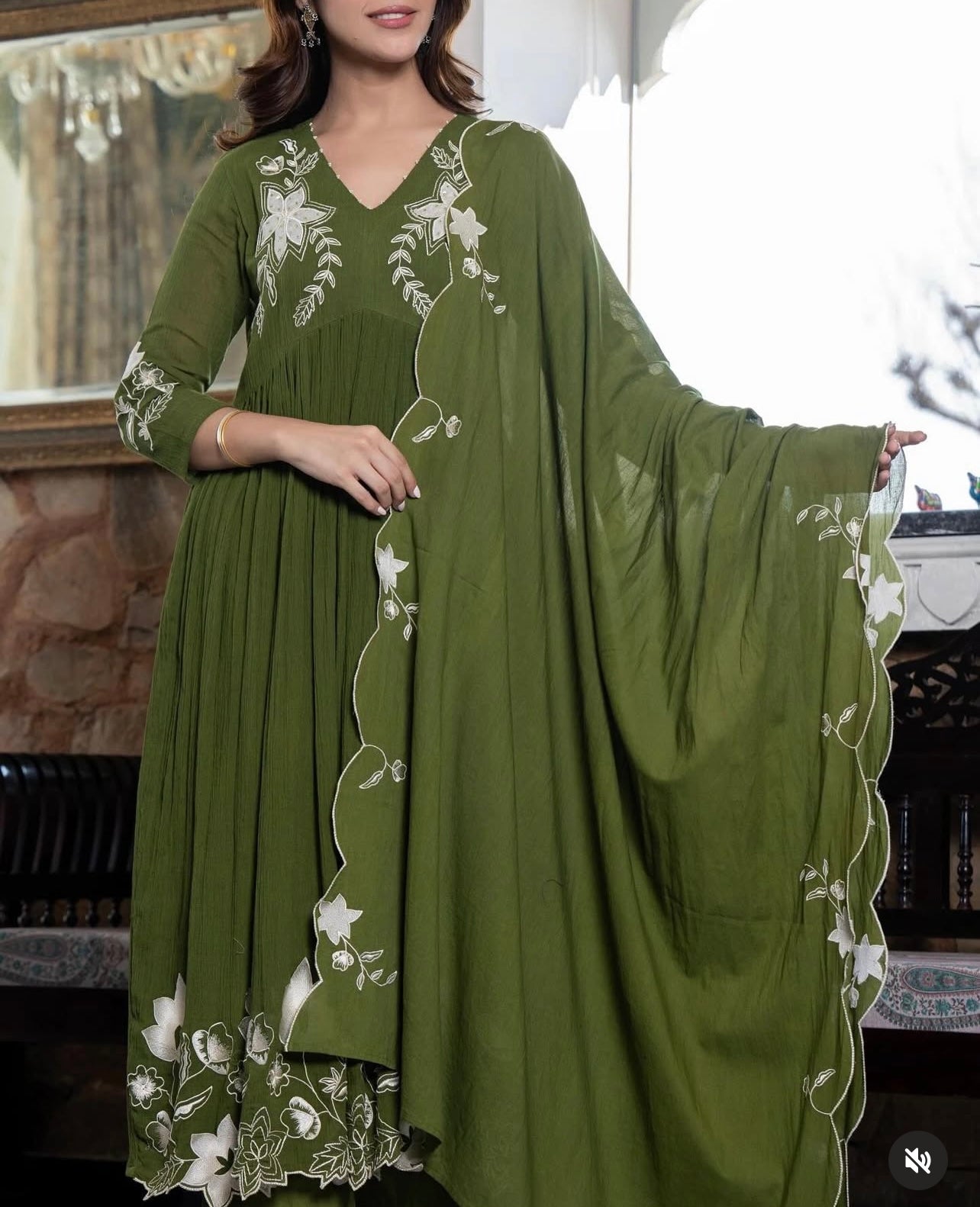 Olive green beautiful appique work suit