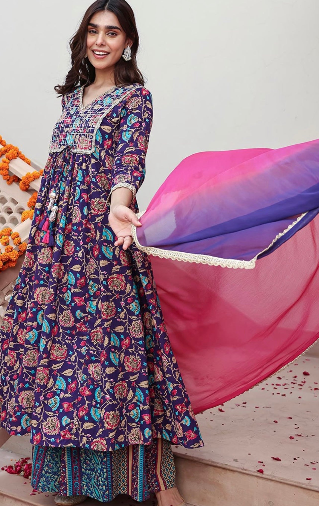 Purple floral cotton gota work A line kurta set