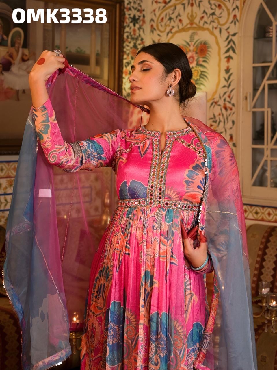 Pink floral long pure chinnon kurta set