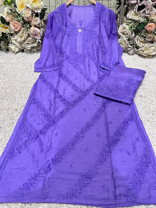 Lavender lucknowi chanderi kurta and pants set