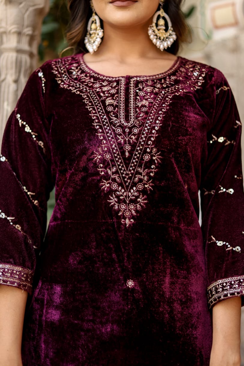 Wine heavy embroidered velvet suit