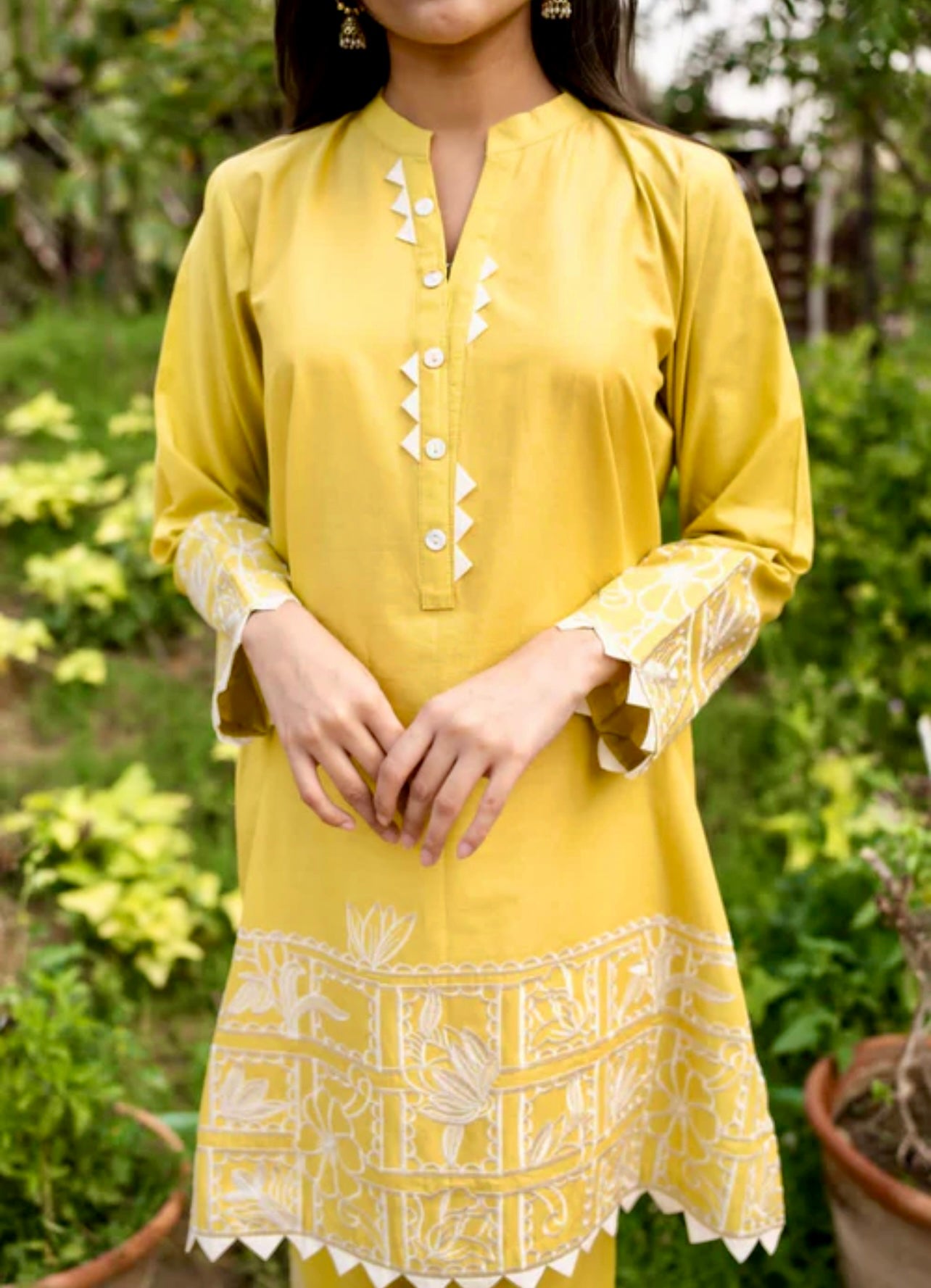 Yellow beautiful pakistani style embroidered shirt and pants set