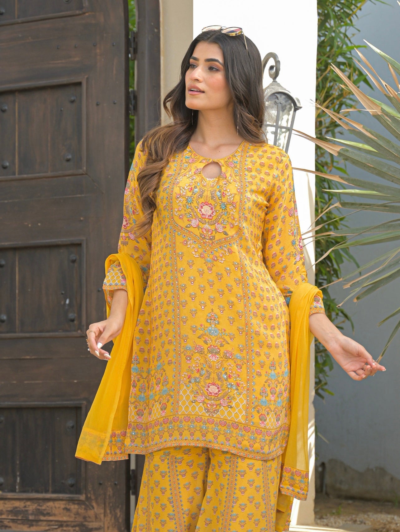 Yellow crepe sharara suit