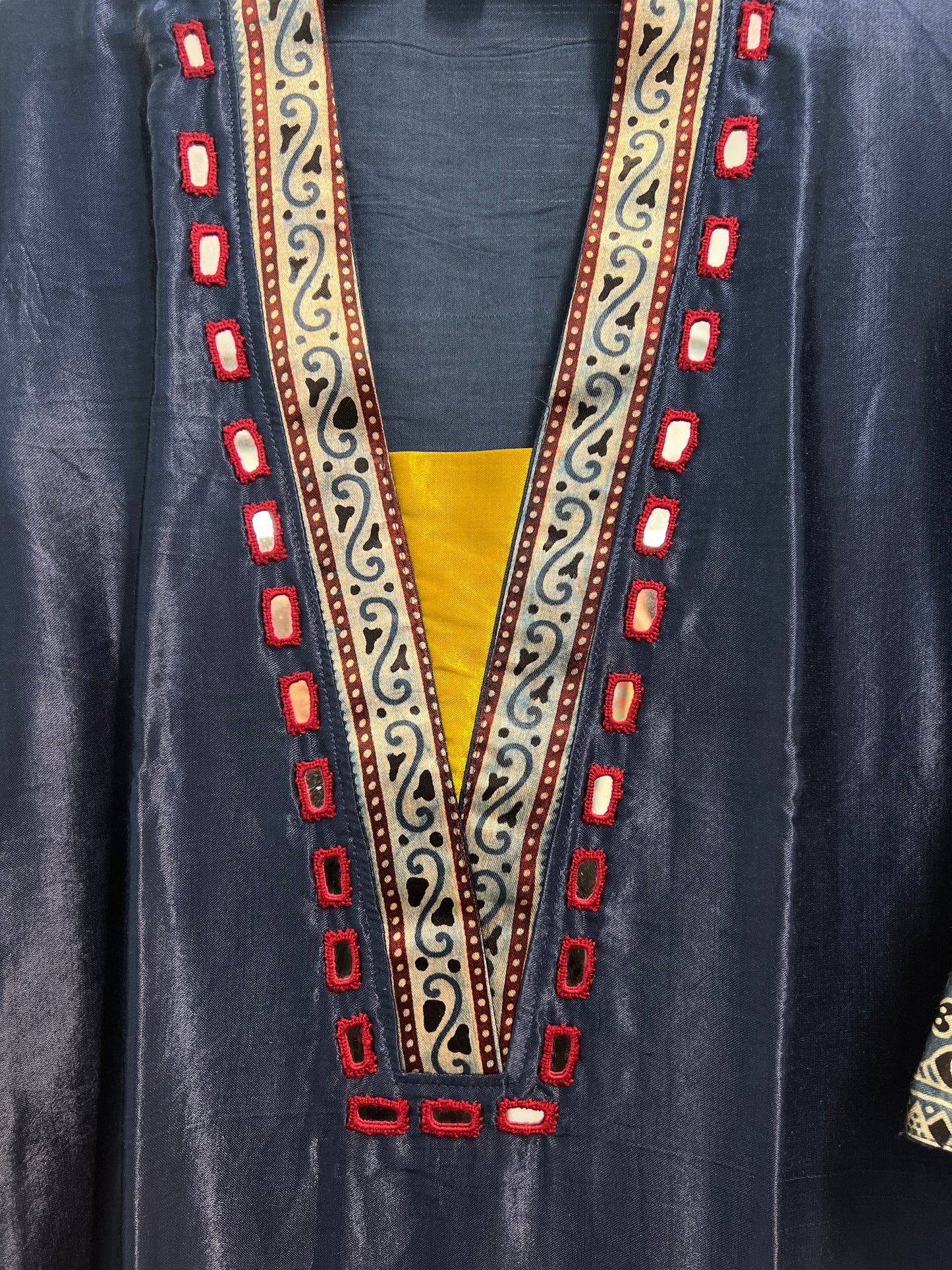 Navy Blue Pure gaji silk v neck kurti with real mirror work