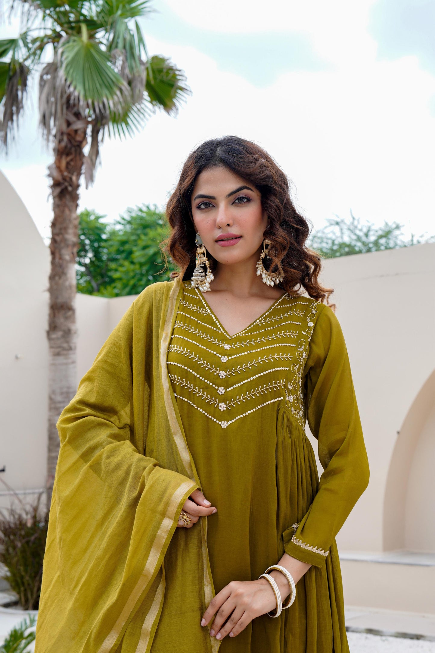 Green pure mul chanderi stunning A line suit