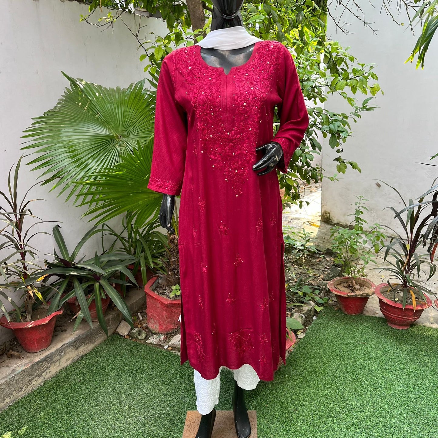 Maroon pure modal lucknowi kurti