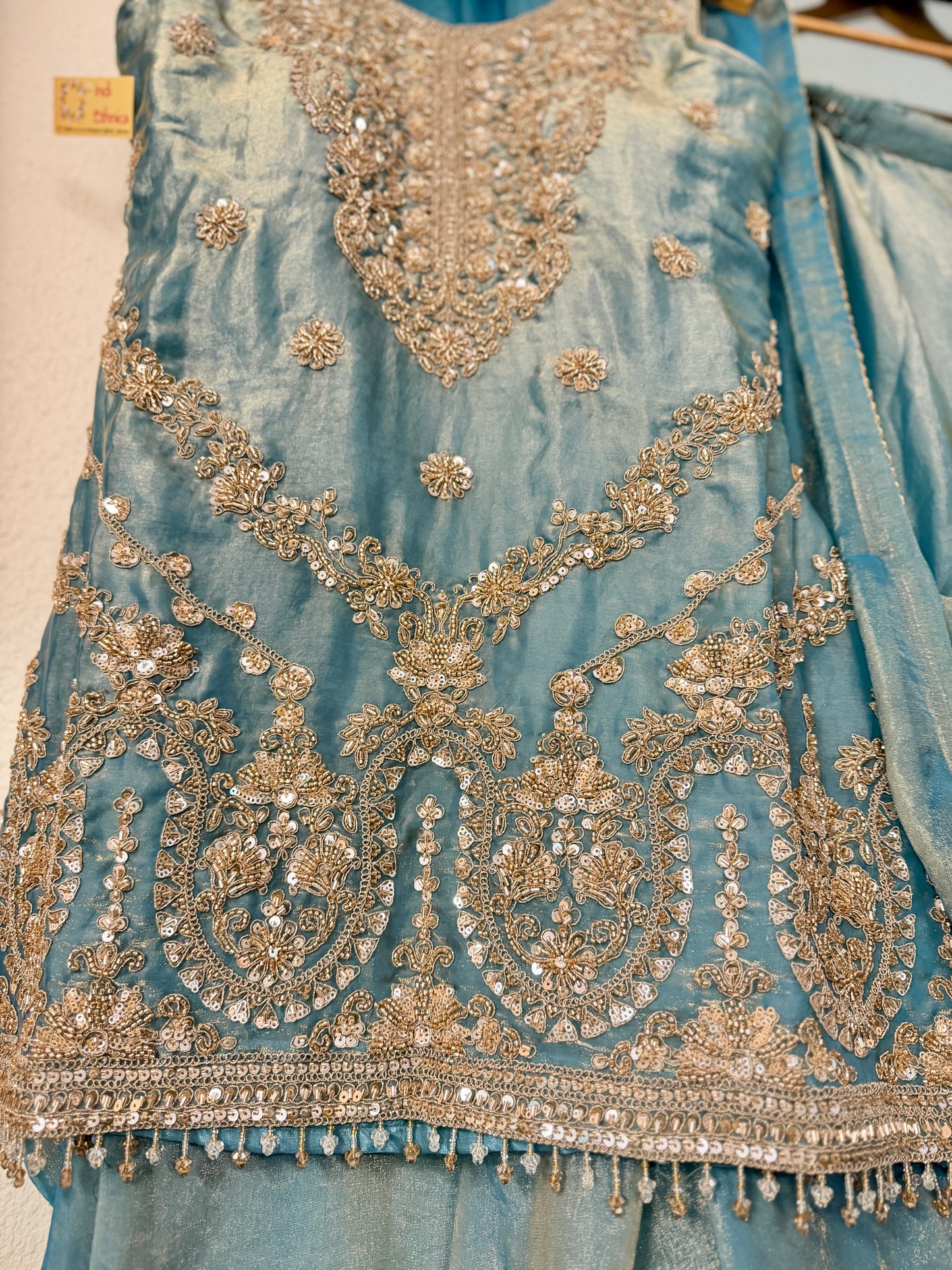 Ice blue heavy handwork fendy tissue sharara suit