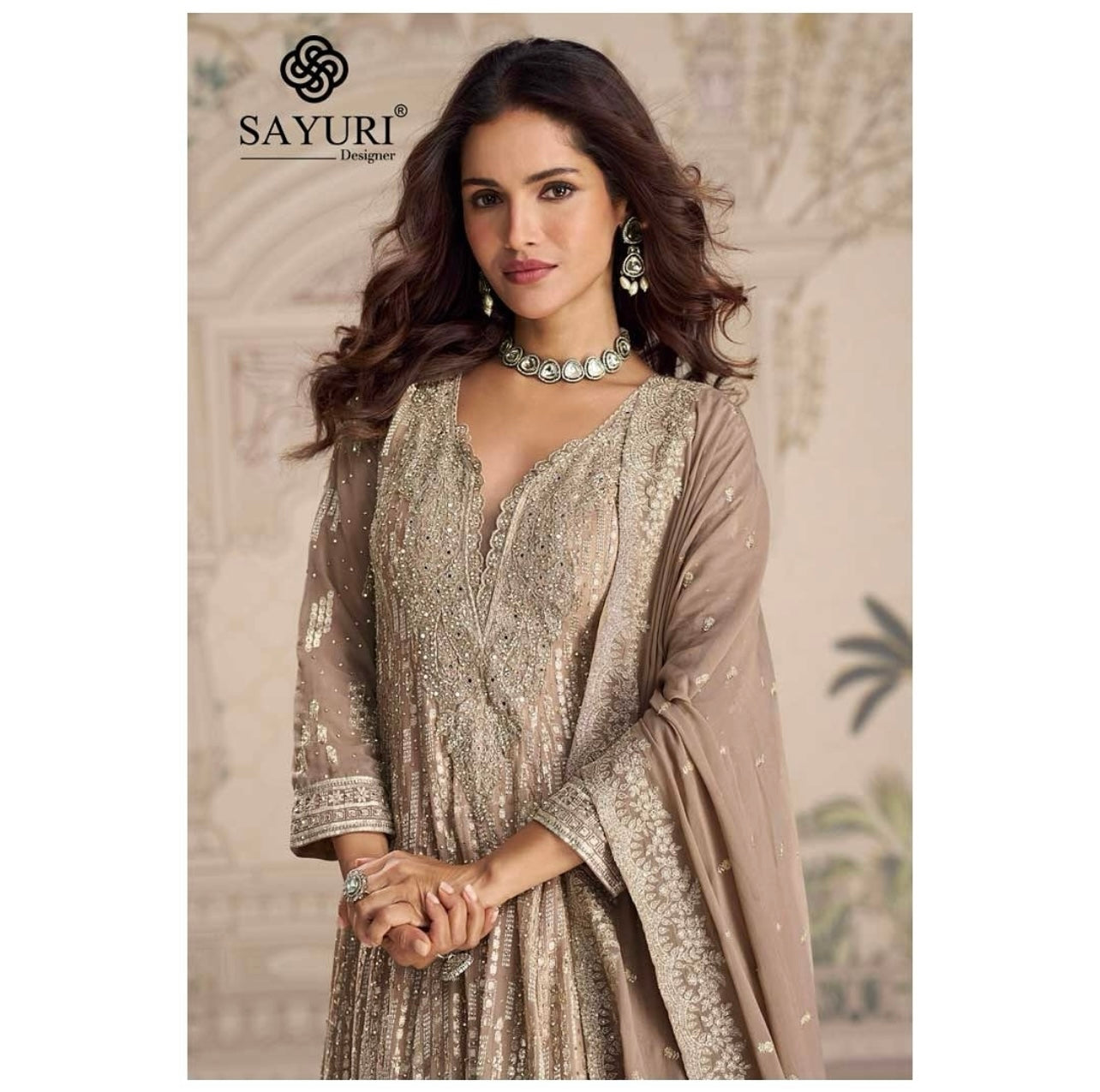 Beige golden heavy work partywear gown