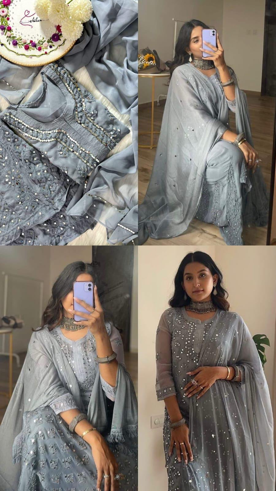 Grey mirror work chikankari suit