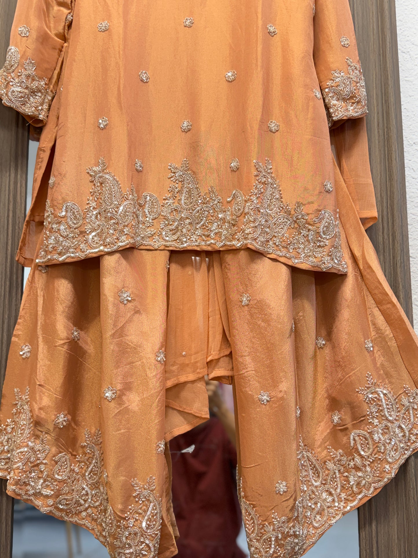 Peach stunning heavy handwork short top sharara suit
