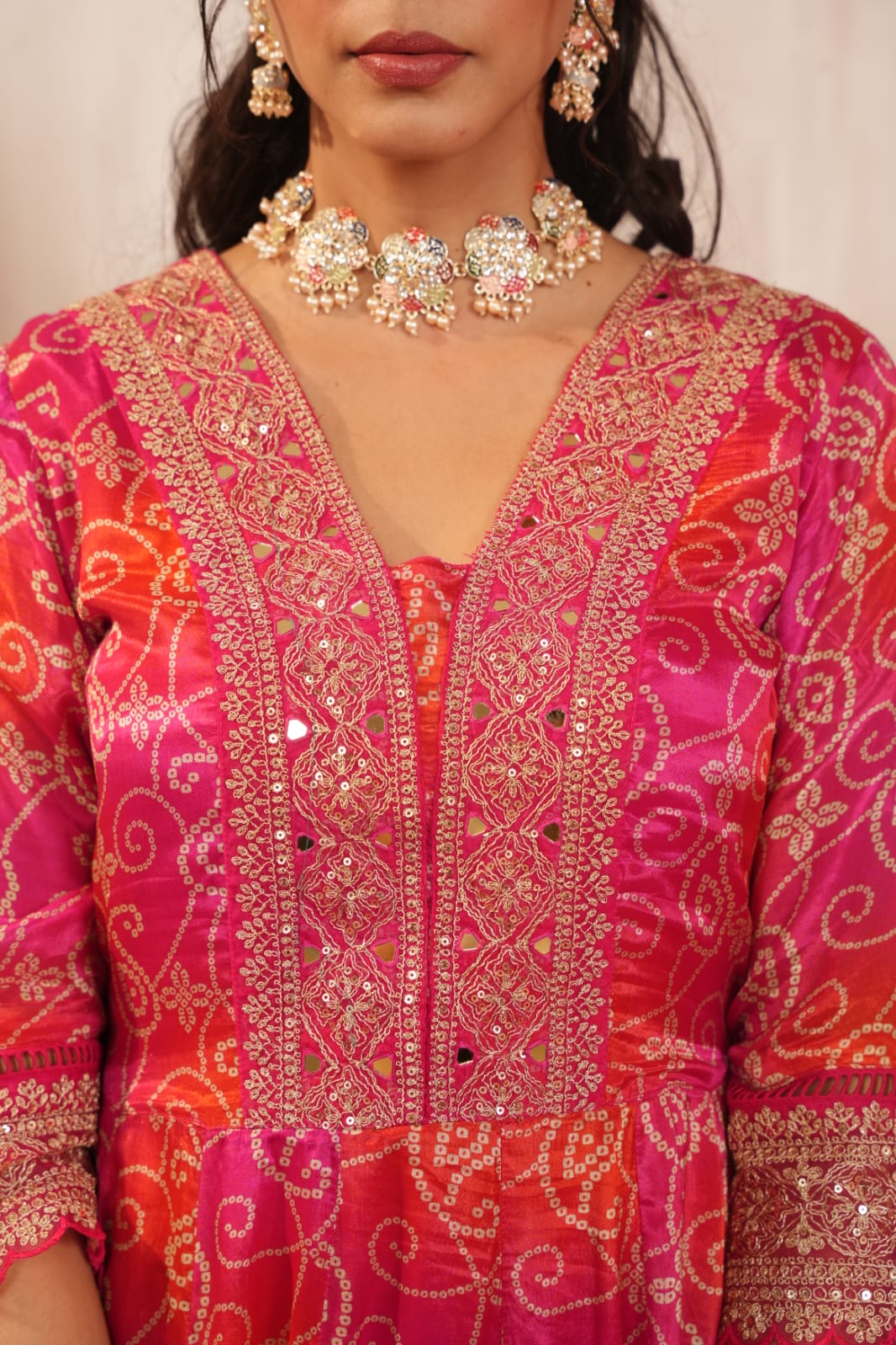 Pink and orange bandhni print stunning mirror work anarkali kurta set