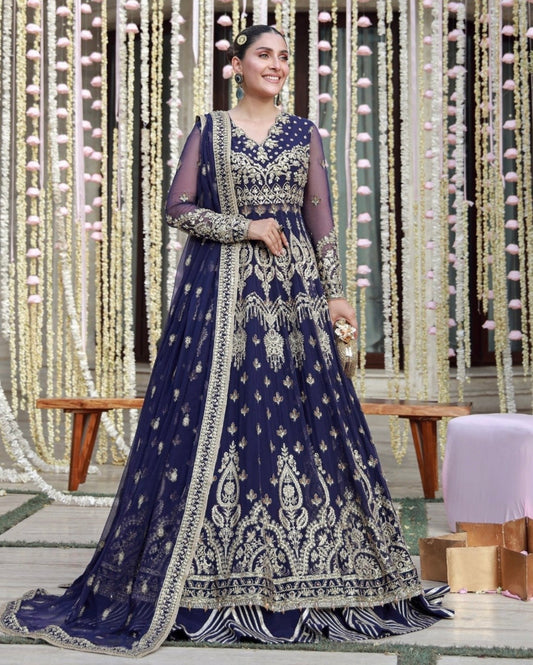Navy blue heavily embroidered lehenga