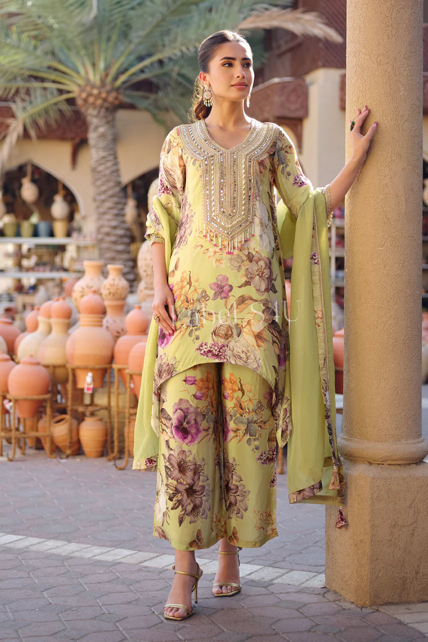 Pastel green quirky floral co-ord set with dupatta