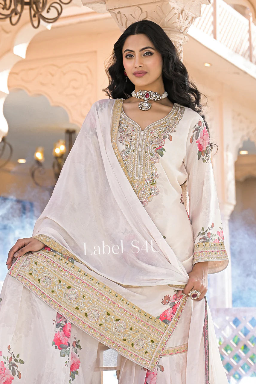 White floral partywear sharara set