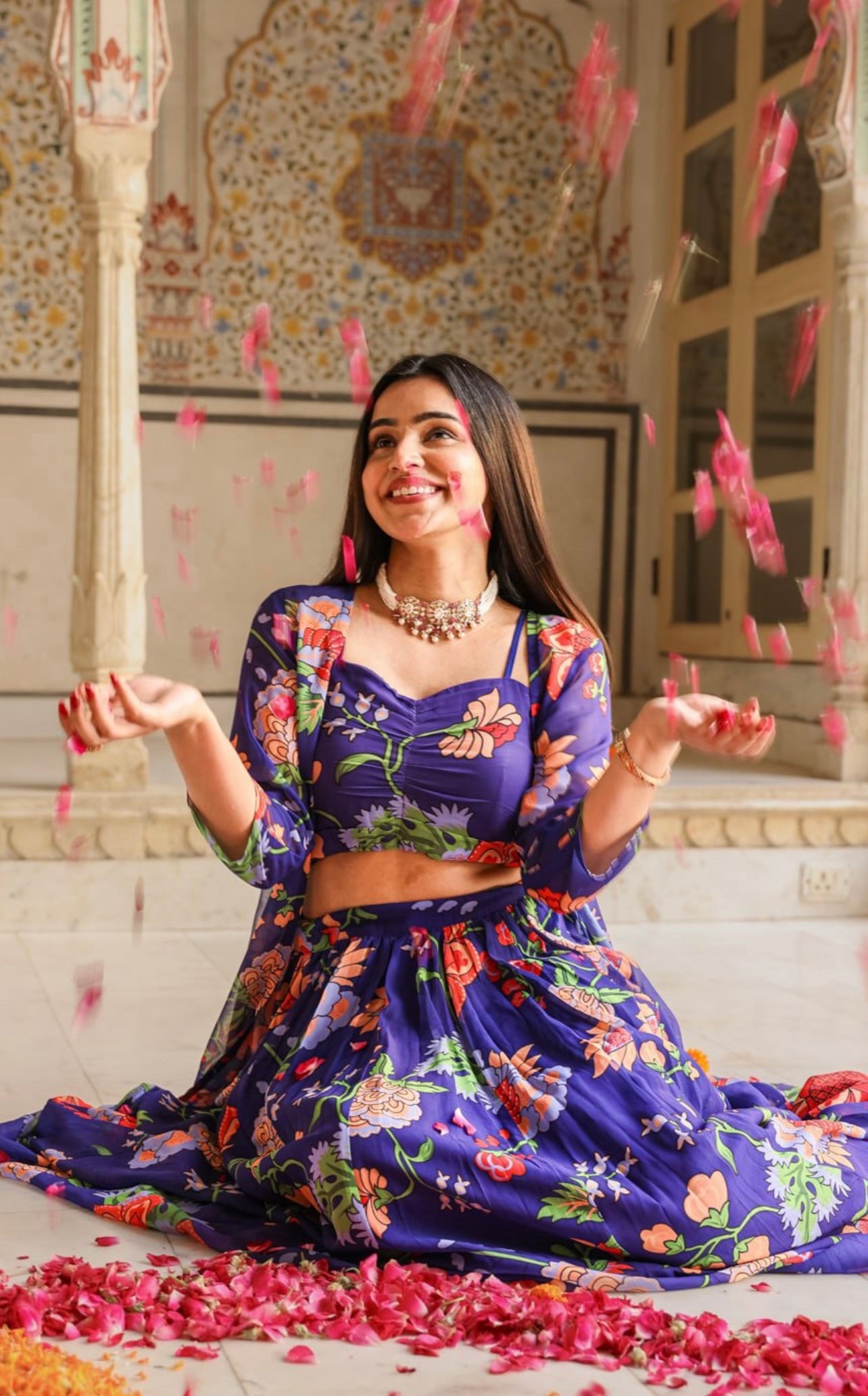 Purple floral crop top skirt and shrug co-ord set