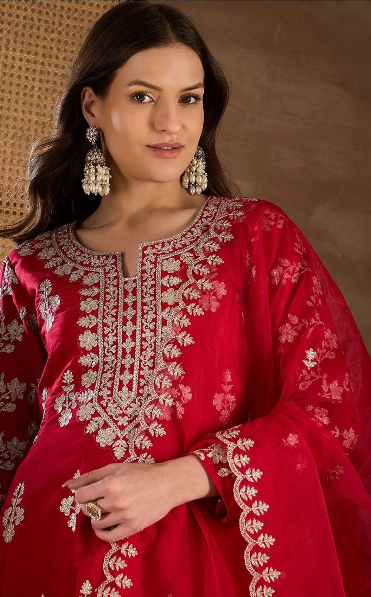 Red embroidered partywear short anarkali and dhoti set