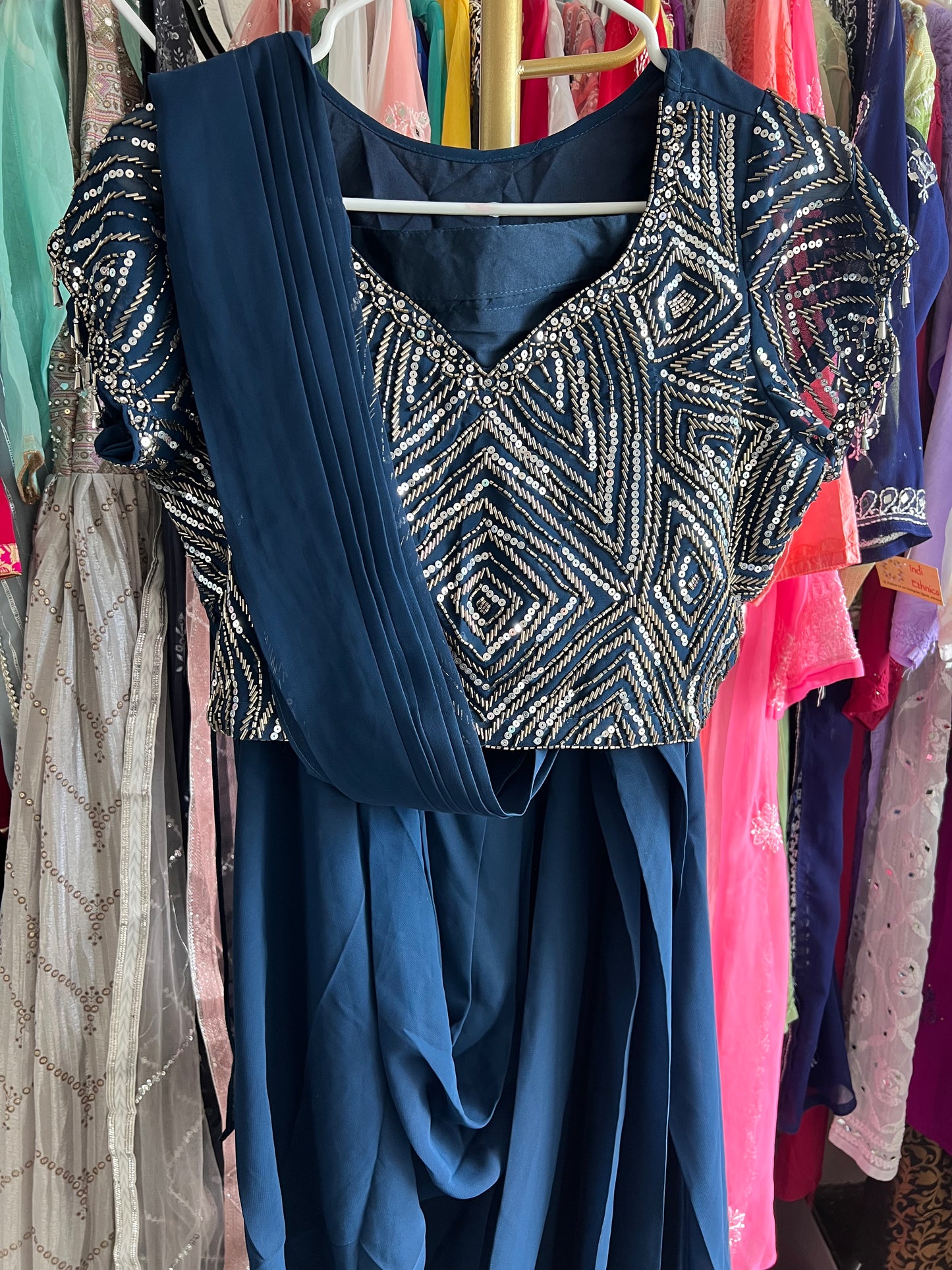 Teal heavy sequin work predraped ready to wear saree