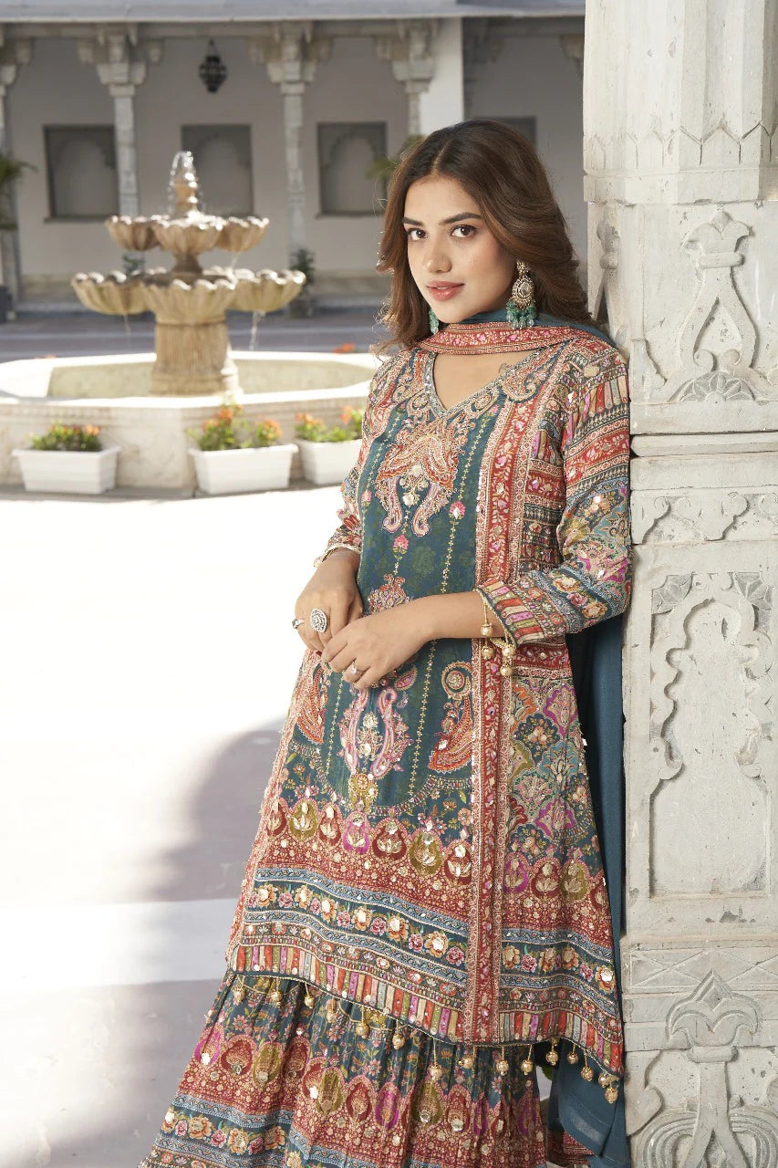 Teal pure crepe stunning sharara suit