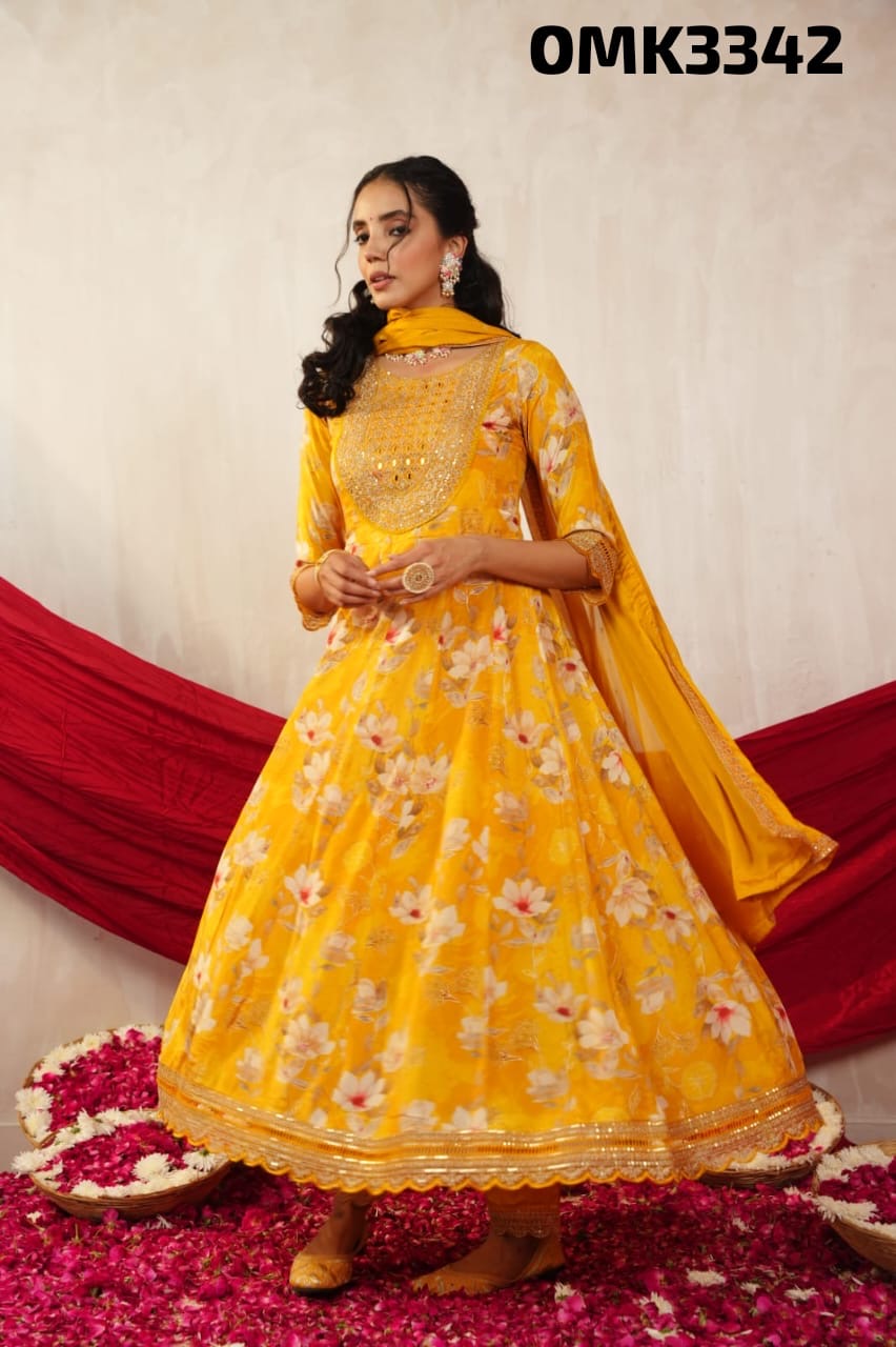 Yellow floral real mirror work anarkali kurta set