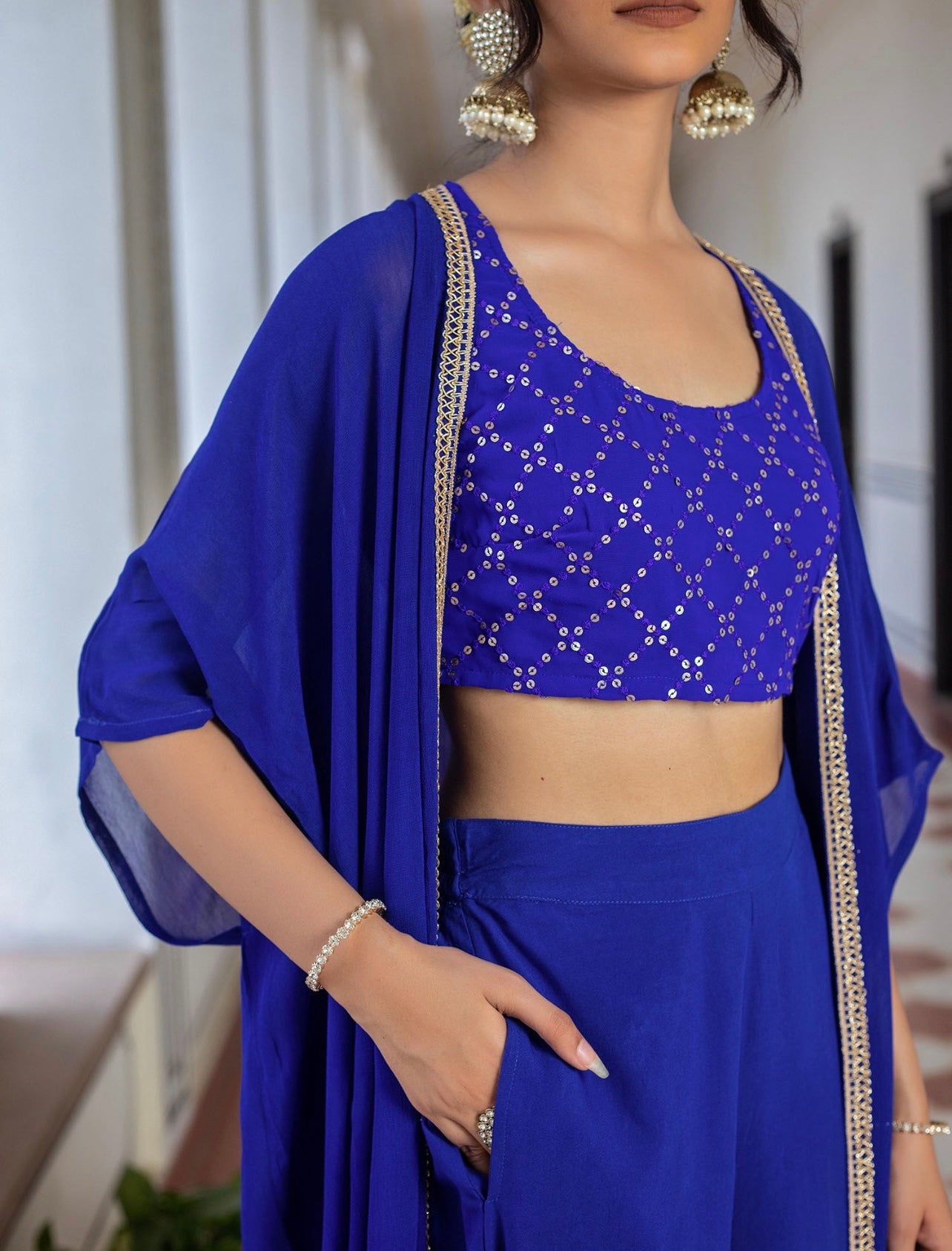 Blue sequin work crop top palazzo and shrug