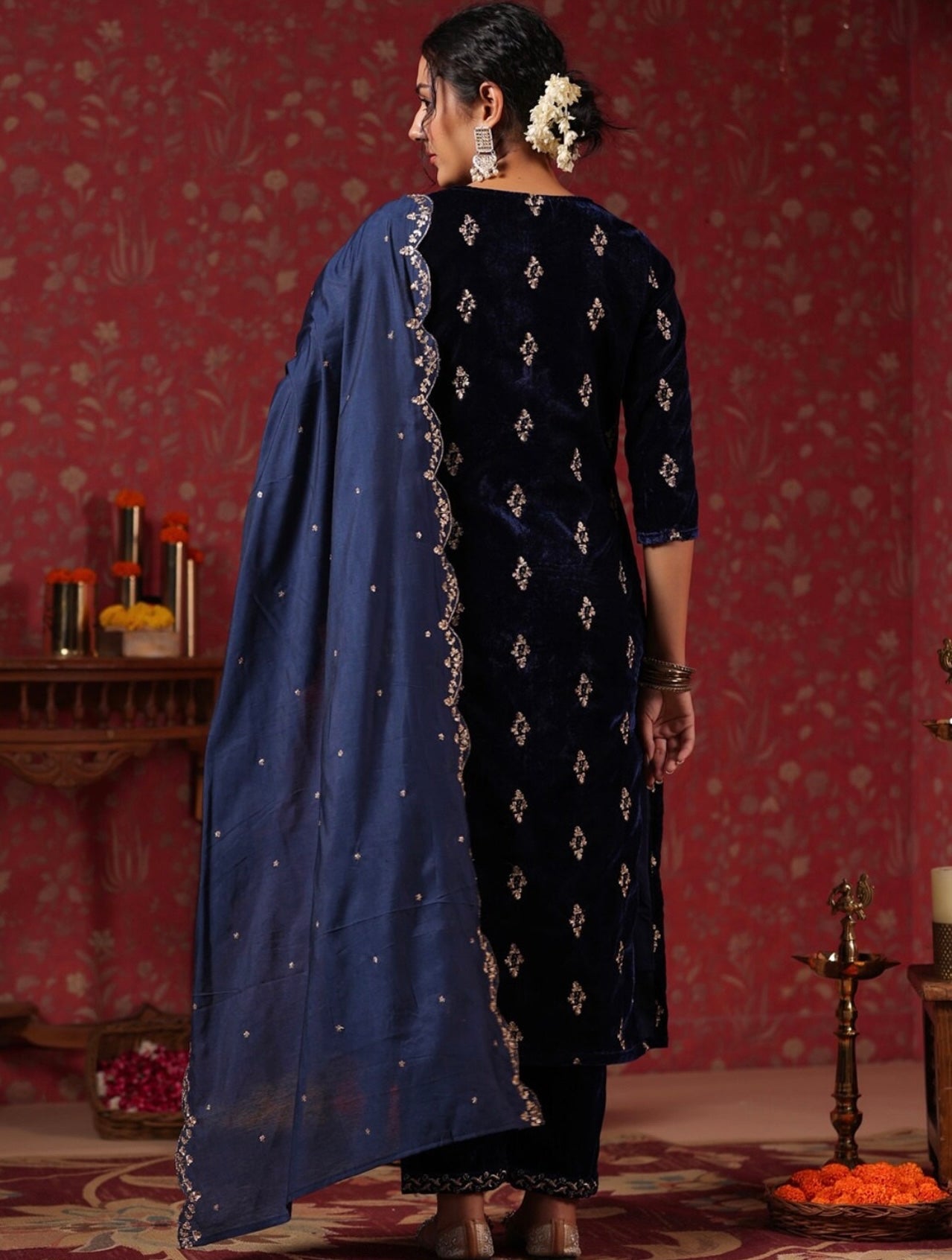 Navy Blue elegant sequin work velvet kurta set
