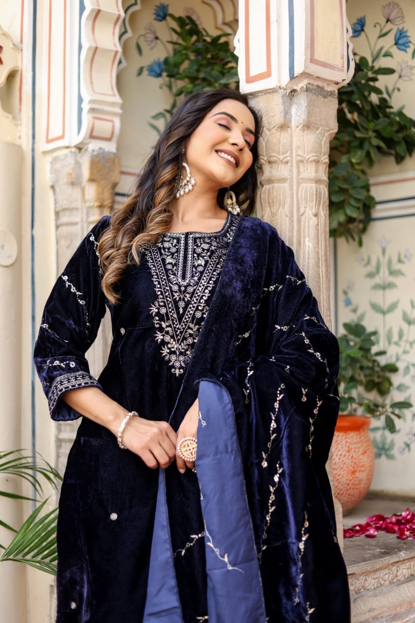 Navy blue velvet heavy embroidered suit