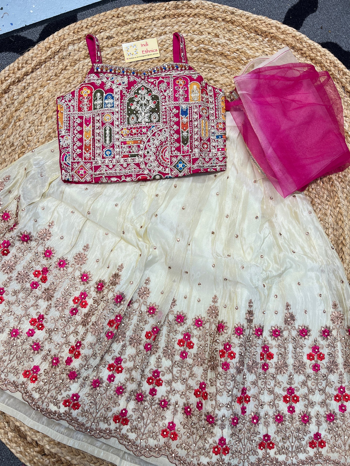 Girls Pink and off white heavy work lehenga choli dupatta
