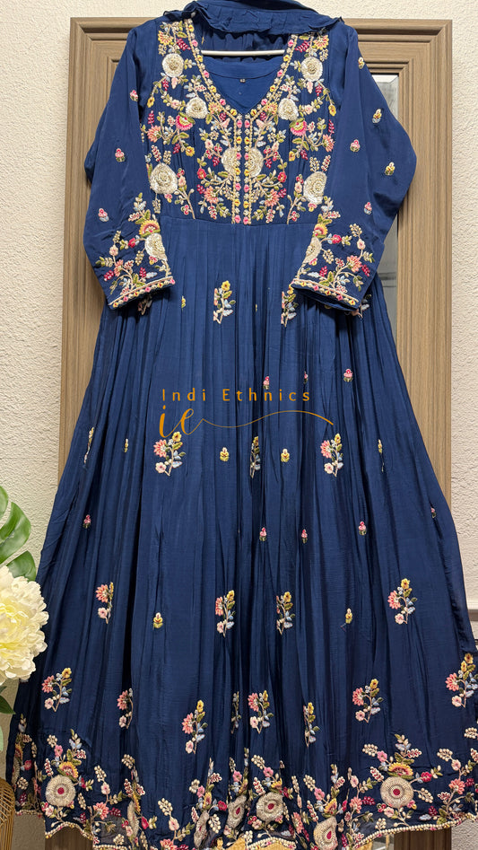 Navy blue heavy handwork floor length gown with cancan and dupatta (no pants)