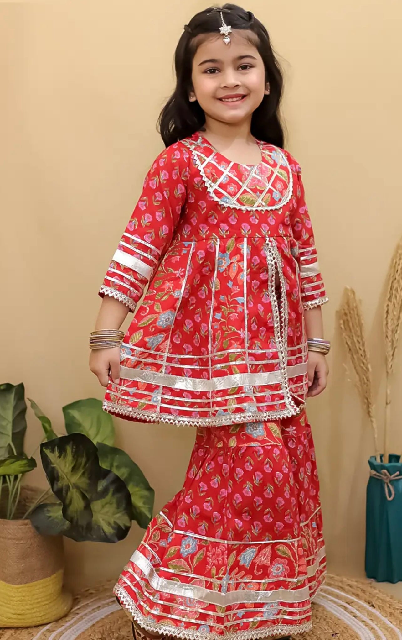 Girls Red pure cotton jaipuri sharara suit
