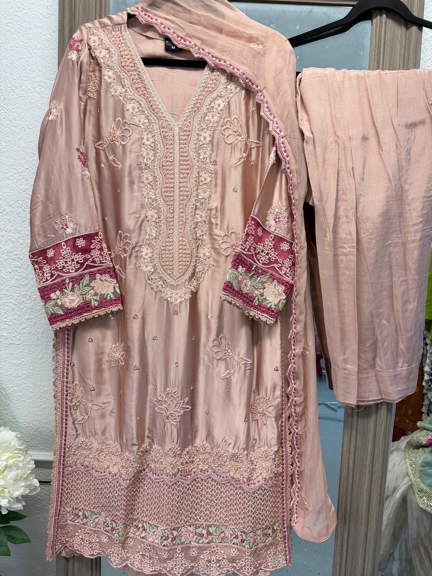 Light pink heavy work pakistani silk suit