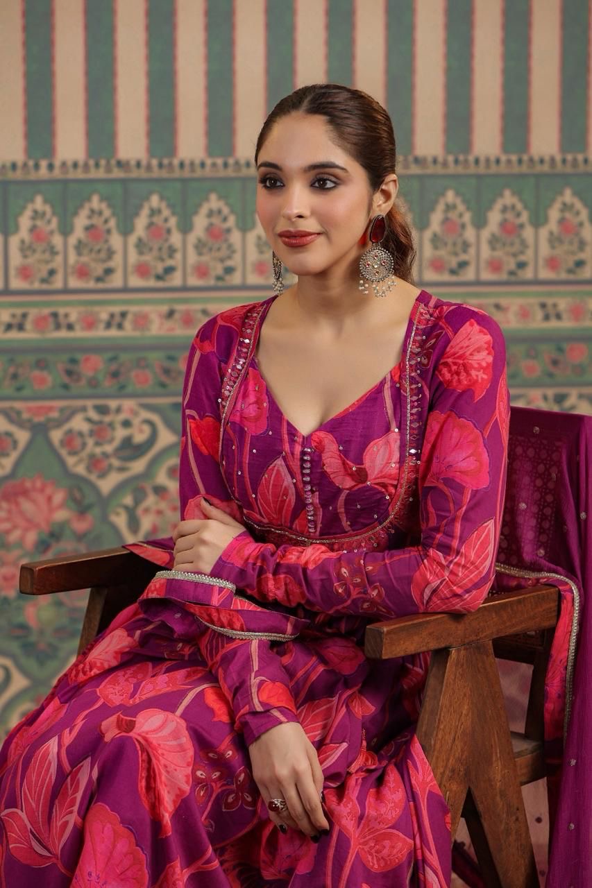 Purple and pink beautiful jacket style kurta set with mirror work
